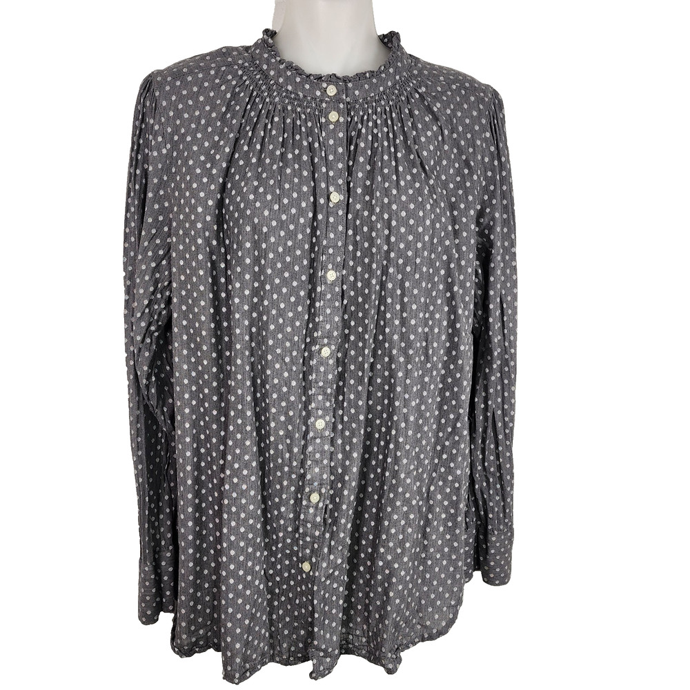 LOFT Ann Taylor Top Castlerock Gray Polka Dotted Ruffle Collar Button Up Shirt L